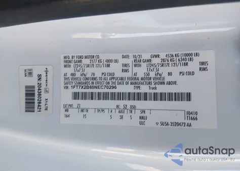 2022 Ford F-250 Xl from USA, damaged, VIN 1FT7X2B60NEC70296